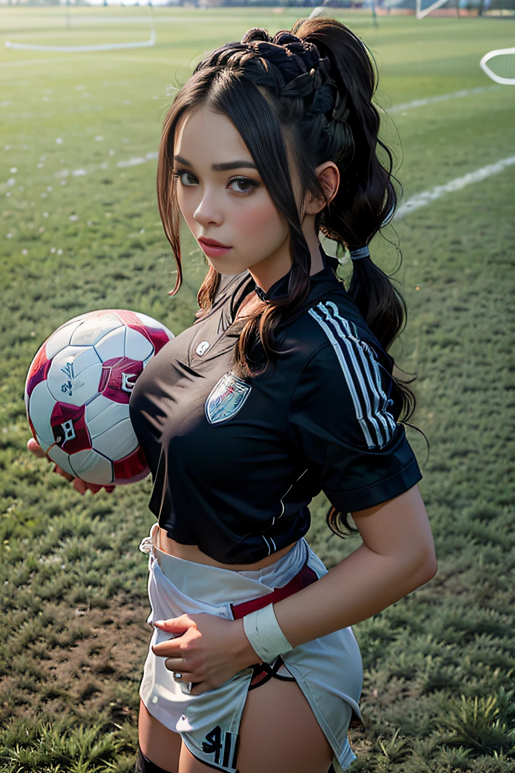 hot soccer girl, (low half ponytail hairstyle:1.6), girl wearing cute soccer uniform, enormous breasts, looking directly at camera, narrow waist, (standing in the middle of a soccer field:1.4), leaning forward towards camera, selfie, holding soccer ball, soccer field background