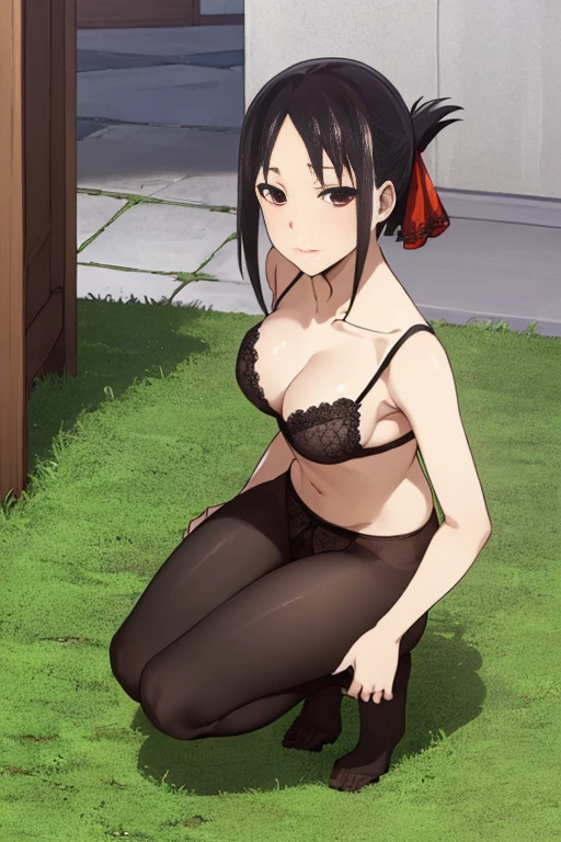 ((full body)), best quality, (masterpiece:1.2), detailed,
shinomiya kaguya,
1girl, solo, closed mouth, smug face, ((medium breasts)), ((black lace bra)), ((black pantyhose)), ((black lace panties)),
black hair, red eyes, short hair, folded ponytail, hair ribbon, red ribbon,
((squating)), bathroom background, ((show feets)), ((fets in first plan)), looking at the viewer,