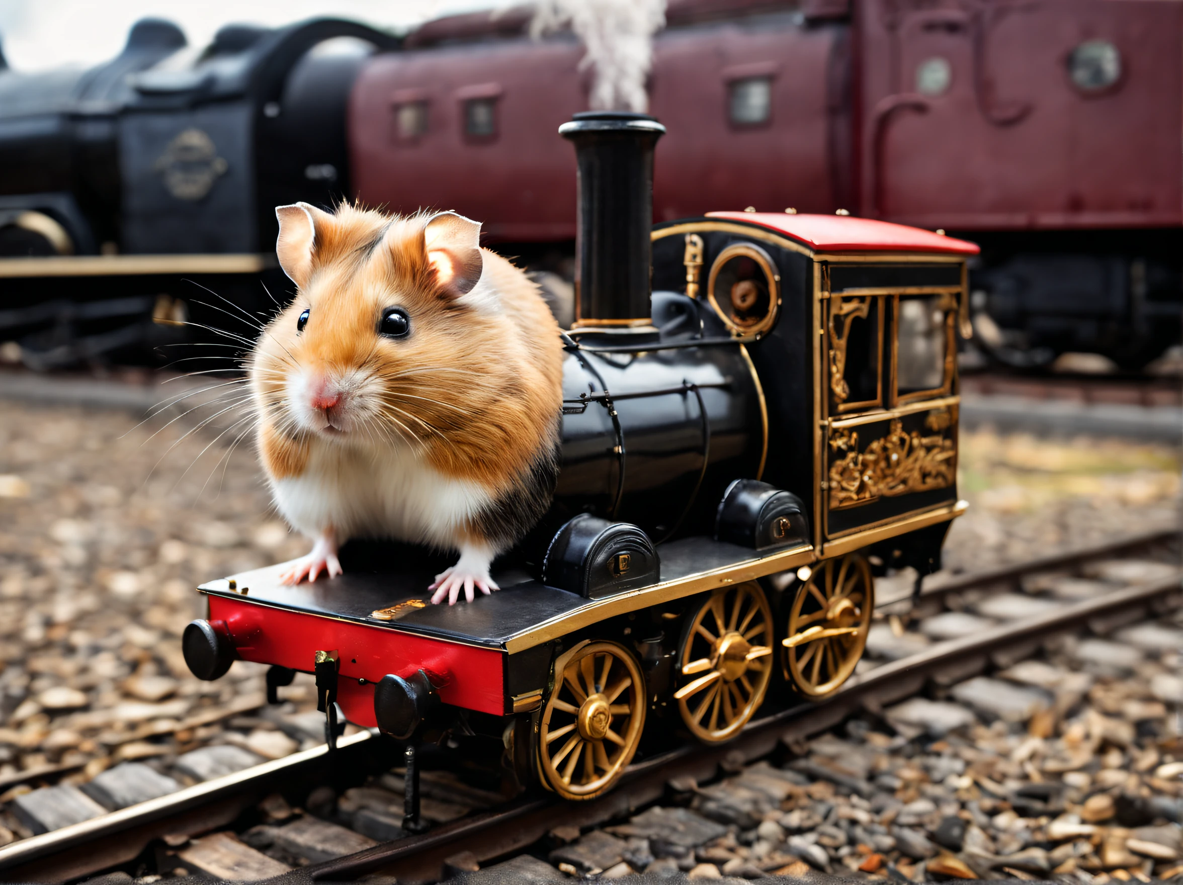 imagine, like a humanoid (anthropomorphic) hamster in a hat and traveler&#39;clothes next to the locomotive at the station, Hamster - traveler, Hamster with traveler&#39;Travel Bag, Anthropomorphic hamster, Hamster goes on a journey, pay special attention to the appearance of the anthropomorphic hamster, hamster in traveler&#39;Shoes, High definition hamster fur texture, Hi-Def, Best Quality, Highest Resolution, 8K, Feature photo, Photorealistic quality, higly detailed, great depth of field, focus on the entire image, The locomotive and its carriages are clearly visible., in the style of steampunk