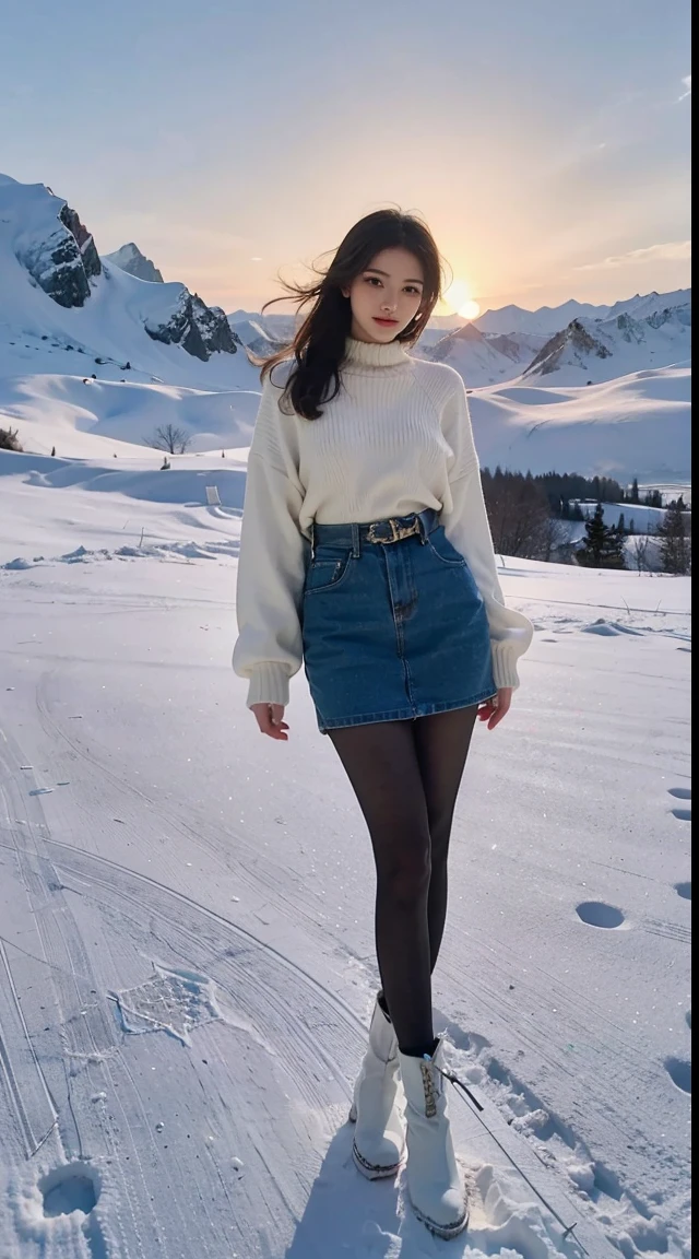 Alafid woman in white sweater posing on snowy mountain，snow mountains，The picture is inspired by Liu Haisu，Douban，arabesque，Wearing a white down jacket，short  skirt，full-body xianxia，Big breasts are very charming，Big breasts are very charming，gorgeous chinese models，stunning elegant pose，Always wear a sweater，Wearing a wool skirt、Elegant and seductive posture，She was wearing a white sweater，ChineseGirl，Put on martin boots，（（Lace pantyhose）），Ray drag