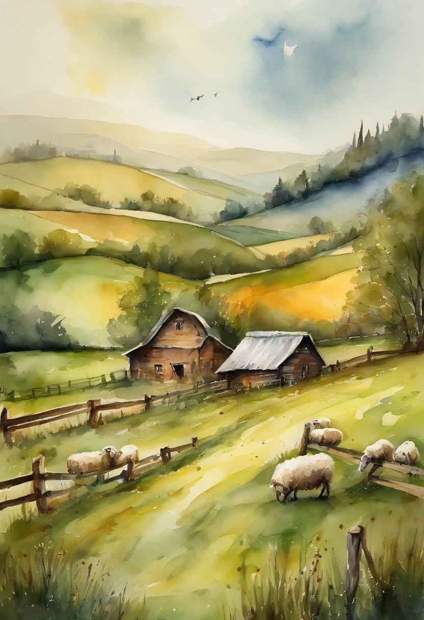 There is a wooden house in the countryside,A huge cruise ship appears in the sky,There is a large piece of grass in front,There are many sheep eating green grass,Sheep are fenced,Shepherd watching outside the fence。