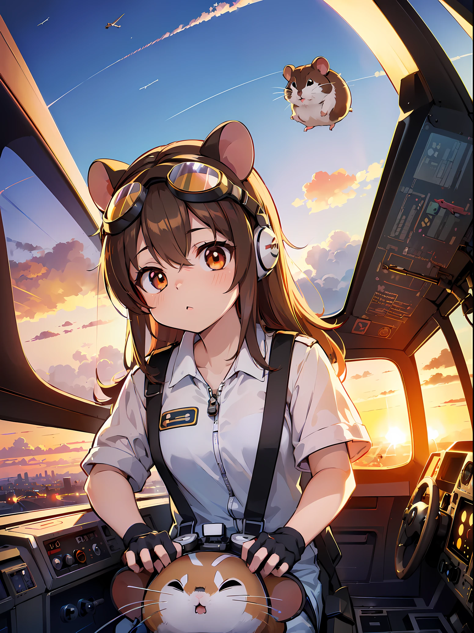 (RAW Photos, Best Quality), (animesque: 1.2), (((1 hamster pilot, Hamster personification, Hamster head, wearing goggles))), ((Fly the plane)), ((cockpit view)), Heavenly sky background, Sunset, sky line, Soft lighting, High quality, Professional Lighting, Photon mapping, Physically Based Rendering,