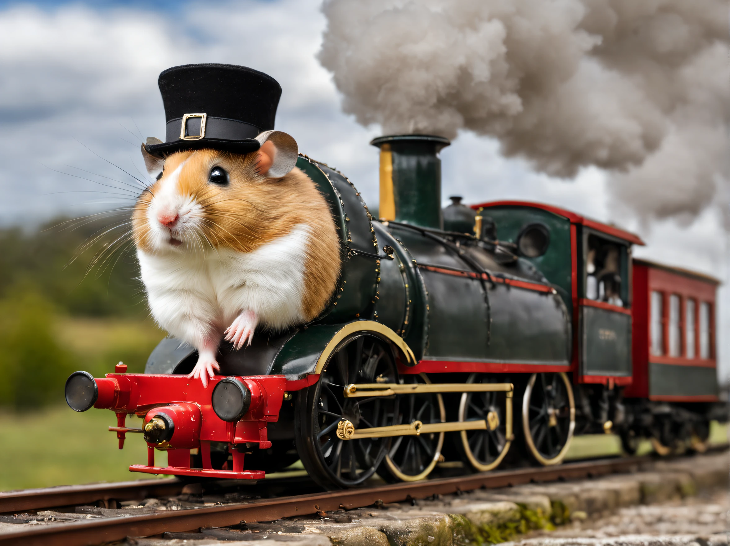 imagine, like a humanoid (anthropomorphic) hamster in a hat and traveler&#39;clothes next to the locomotive at the station, Hamster - traveler, Hamster with traveler&#39;Travel Bag, Anthropomorphic hamster, Hamster goes on a journey, pay special attention to the appearance of the anthropomorphic hamster, hamster in traveler&#39;Shoes, High definition hamster fur texture, Hi-Def, Best Quality, Highest Resolution, 8K, Feature photo, Photorealistic quality, higly detailed, great depth of field, focus on the entire image, The locomotive and its carriages are clearly visible., in the style of steampunk