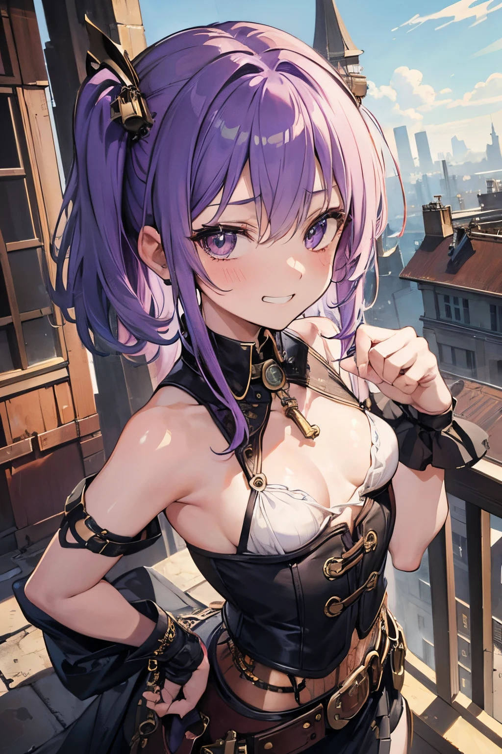 ((Masterpiece)), (highly saturated), (RAW photo: 1.2), (best quality:1.2), intricate details, (Steampunk rooftop), (from above), ((crouch down)), pale purple hair, cute age girl, sweaty, (grin face, very blush), 1girl, (sidetail hair), (small breasts), single elbow glove, ragged Camisole, cute bikini top only, steampunk necklace, belt, bullet, (cute pose), (Steampunk), cityscape