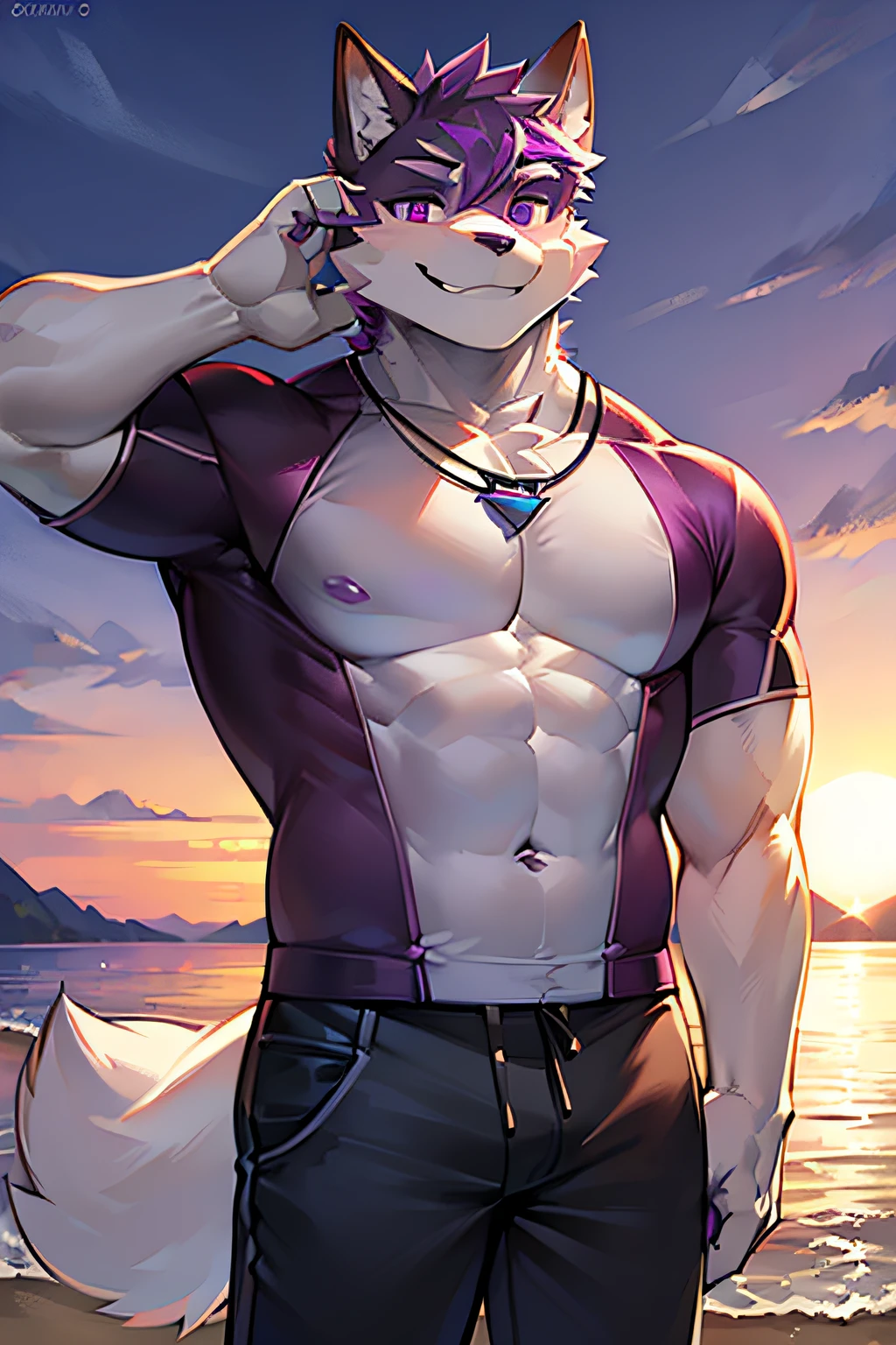 (Best quality at best), 1male people, AS-Adult, an anthropomorphic turtle, white fox, a purple eye, Purple accent, beachwear, fit-muscled body, shorter pants, goodlooking, Smiling, cool-pose, sunset backdrop.