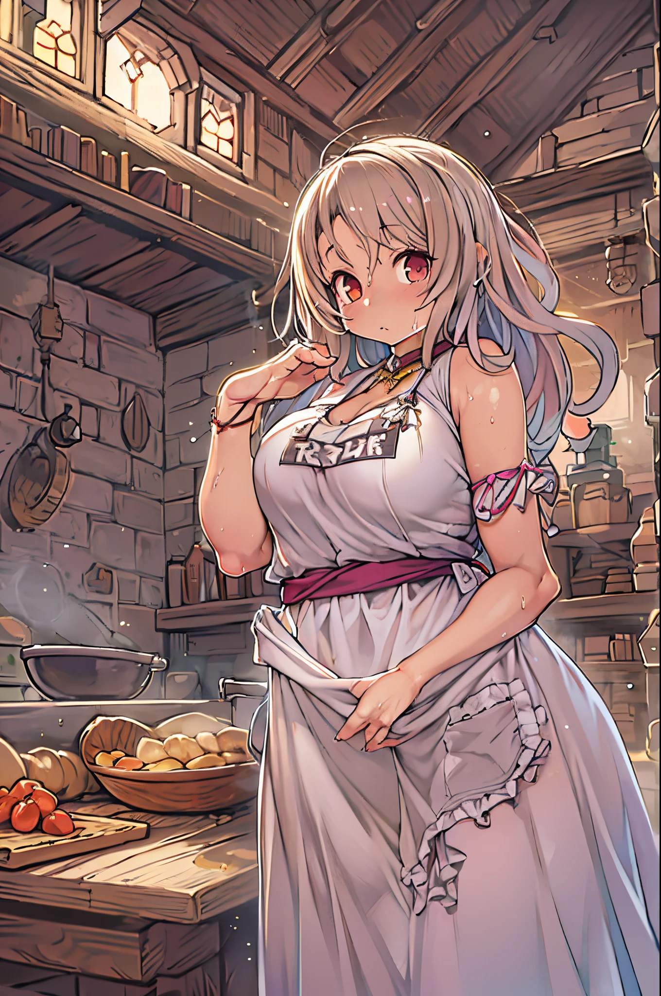 WRC style, Woman, lewd pose, The appearance of a seductive appearance, Apron, kitchin, medieval setting