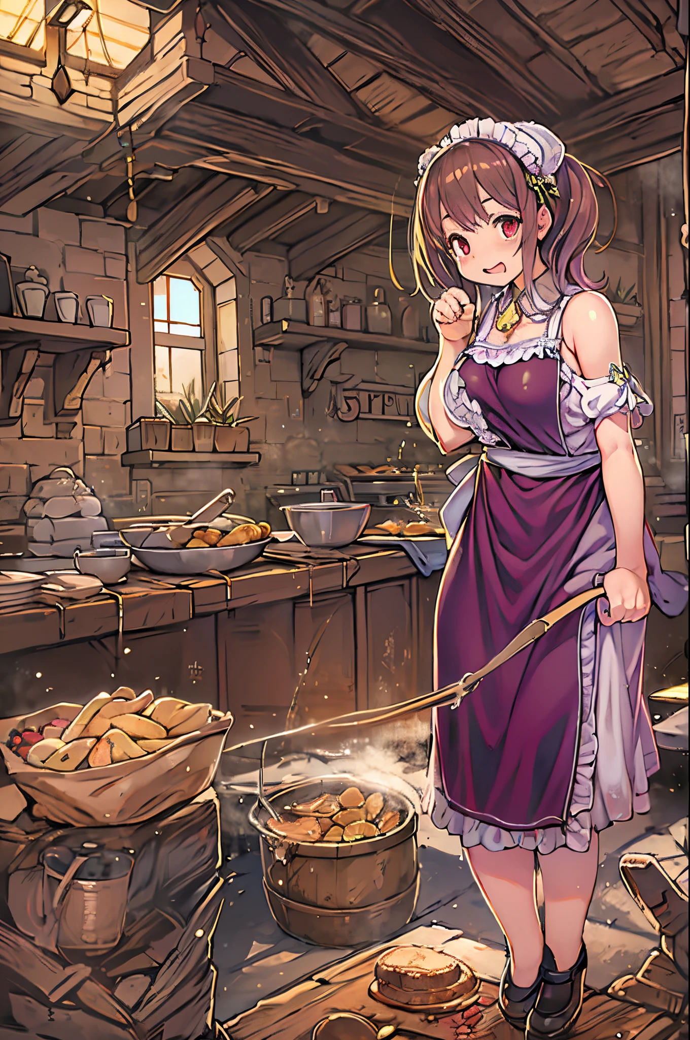 WRC style, Woman, lewd pose, The appearance of a seductive appearance, Apron, kitchin, medieval setting