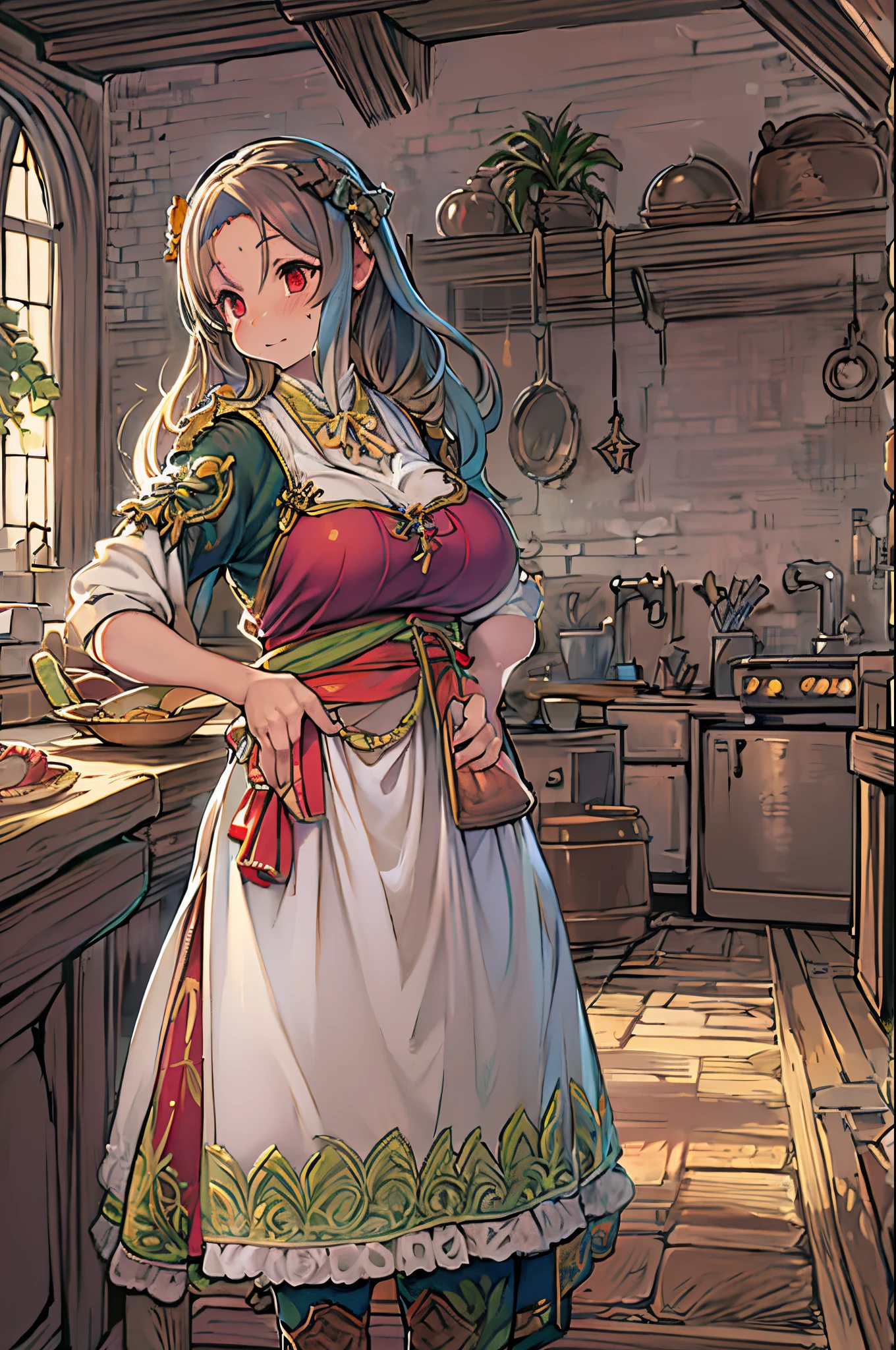 WRC style, Woman, lewd pose, The appearance of a seductive appearance, Apron, kitchin, medieval setting、bbw