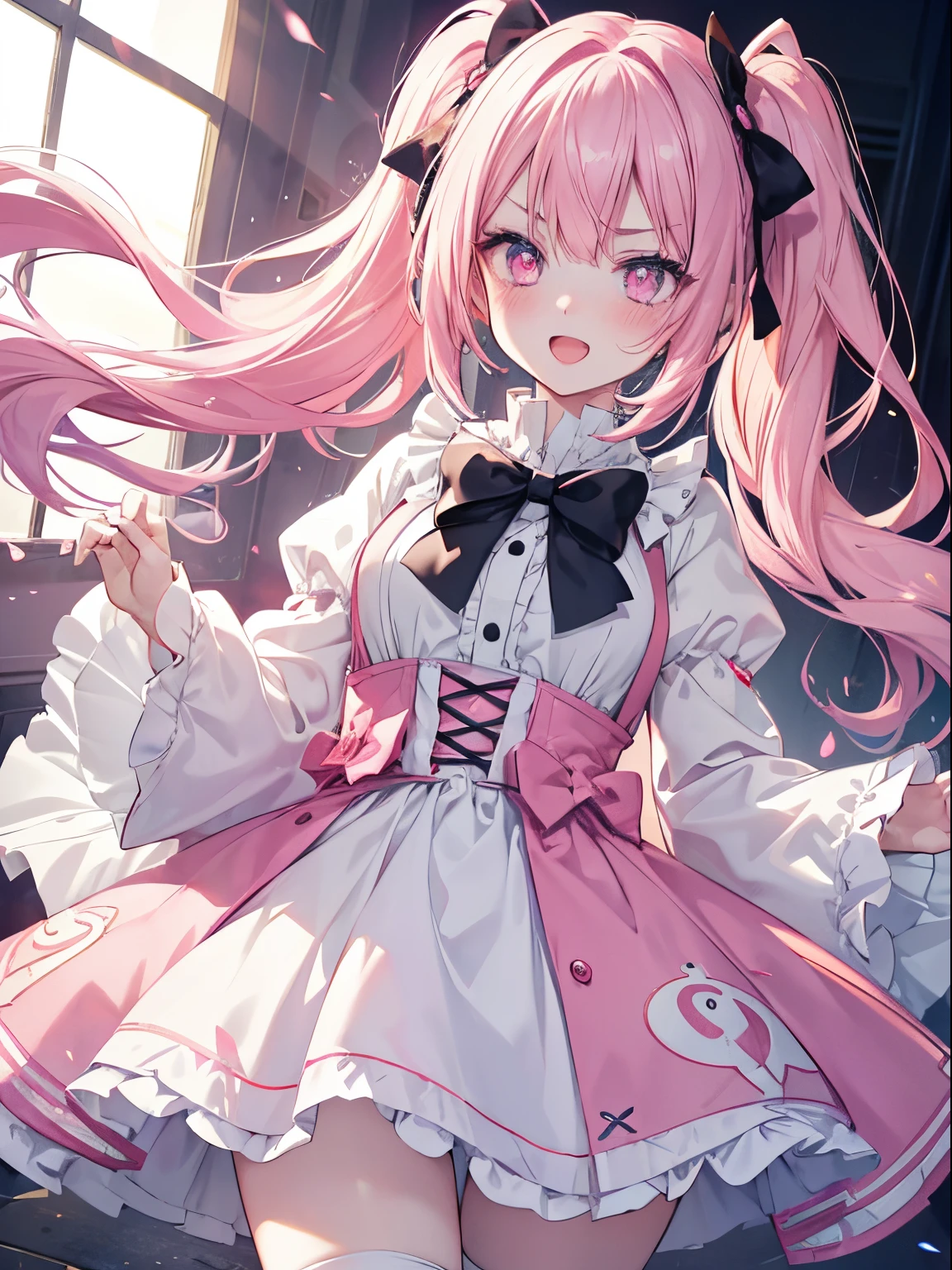 masutepiece, Highest Quality, (Perfect face:1.1), (high detailing:1.1), (ultradetailed eyes), Dramatic,  superfine illustration, Extremely detailed,1girl in, (pale skin), Happy, Laugh, Open mouth,gloweyes,pinkhair, (Twin-tailed),Ethereal eyes, pink eye,(light eyebrow),blush, Solo,Pouty lips,Cinematic lighting,Cowboy Shot,Lolita clothes,frilld, bow ribbon, Pink, Long sleeve,knee high socks,Simple white background