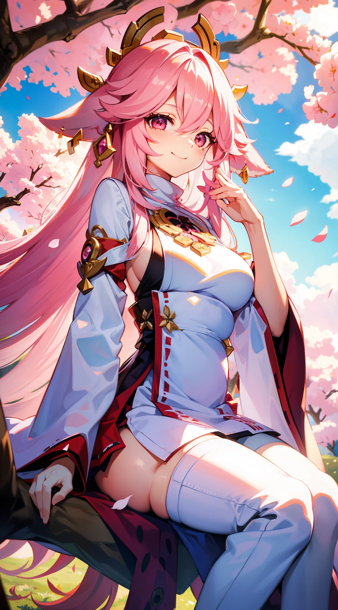 small li, Long white hair, a pink eyes, Pink fox ears, White dress, Born with big breasts,, A masterpiece of smiling, high high quality,8K,Sit under a big tree,Eat pastries