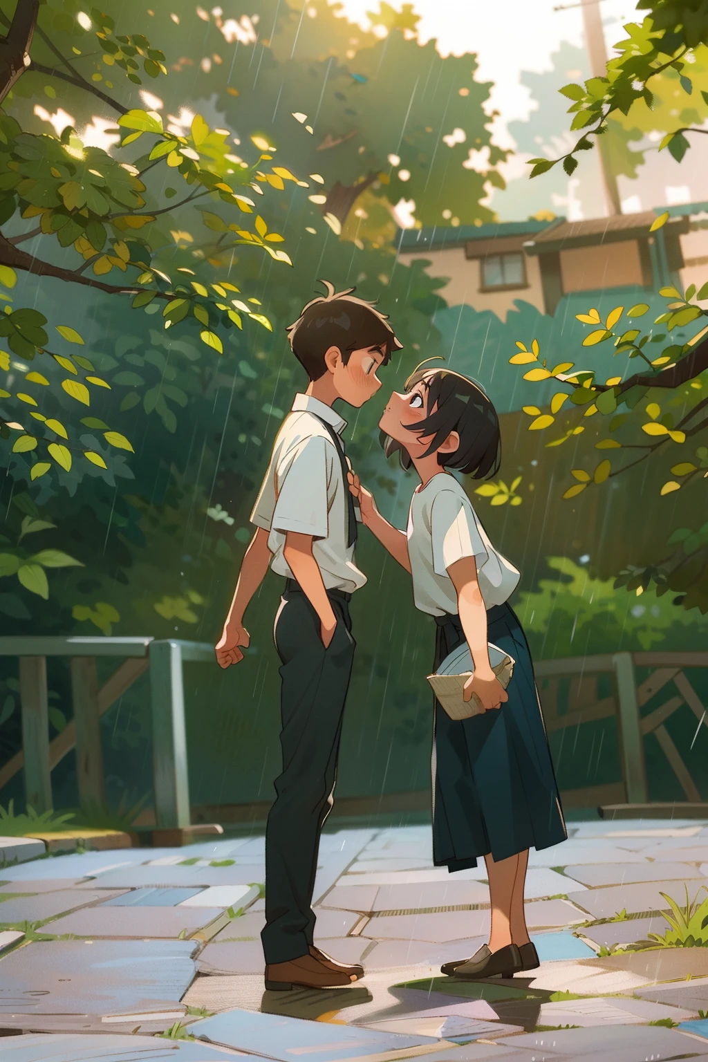 (masterpiece), (best quality), sharp focus, illustration, (detailed hair, detailed face, detailed body structure), ((1 man, 1 woman)), man standing while bending over slightly, kissing, side profile, messy hair, t shirt rolled up, formal wear, smilling, holding umbrella, girl short hair, yellow shirt and shorts, kissing, tiptoe, kissing in the rain, boy tall, girl short