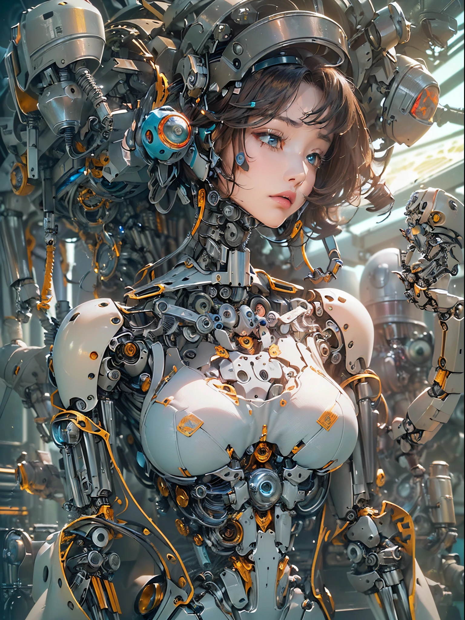 ((Finest quality)),(超A high resolution),(ultra-detailliert),(Meticulous portrayal),((Best Anime)),(Finest works of art),(Ultra-Precision Art),(The art of astounding depiction,Overwhelming depiction:1.5),(Complex and detailed science fiction art), (Female robot:1.6),(The whole body is a mechanical part:1.7),(Parts to be issued:1.5),arm:1.5, war:1.6