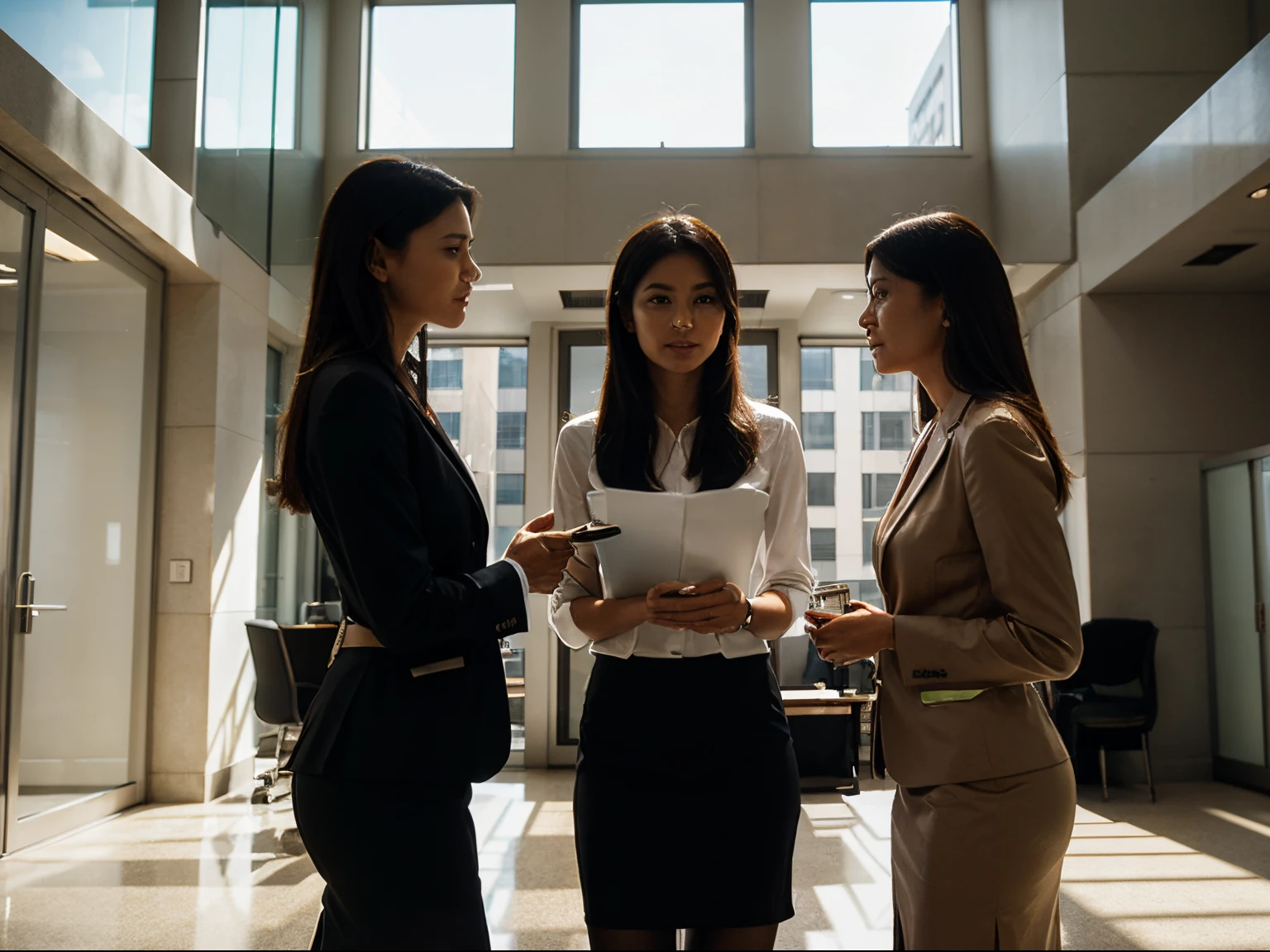 Group of modern business people chatting during coffee break standing in sunlit glass hall of office building