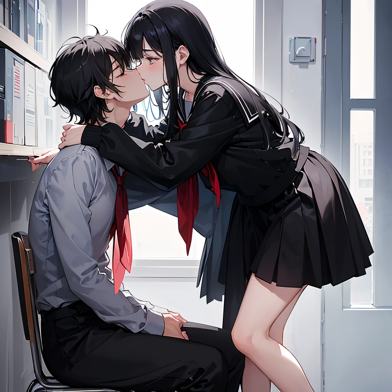 Generate a romantic and tender scene depicting male and female, sharing a passionate kiss. Set the atmosphere with evocative details such as the location, time of day, and any relevant emotions or thoughts running through the characters's minds.("a handsome, tall height, flirty, male  with black and messy,  short hair wearing a white school uniform) sharing kiss with (a beautiful, short height, innocent female with black and semi long hair wearing school uniform) sharing kiss to eachother wearing school uniform, sharing kisses, male kisses at female's lips, male is tall and female is short and both are sharing kiss with eyes closed tightly, height difference , he leans down and kisses at her lips