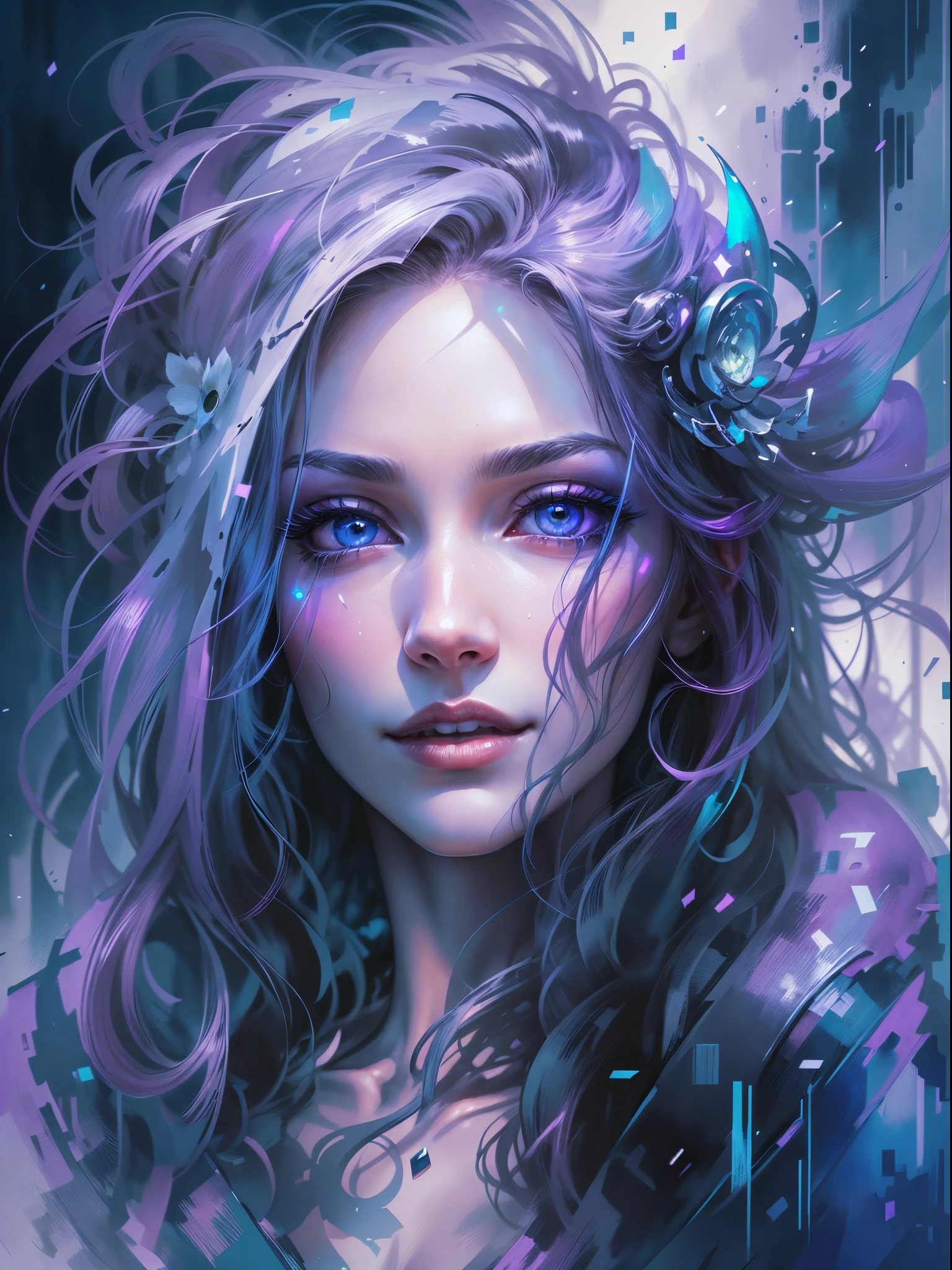 Young beautiful woman, long hair, elegant, too beautiful,  In a mesmerizing watercolor painting, a cyberpunk vampire reigns, portrayed as a figure of ethereal beauty and dark mystique. The artwork captures the graceful yet mysterious essence of this immortal being, with their hairstyle twisted color black and snow- white, flowing in the wind and eyes shining with an otherworldly glow. Delicate strokes of vibrant blues and purples bring life to their metallic cybernetic enhancements, seamlessly blending the futuristic with the fantastical. This extraordinary image was skillfully created with meticulous attention to detail, evoking a sense of wonder and intrigue in the viewer. highly realistic, ruddy skin, beautiful, full lips, smiling, feeling of lightness and joy, hyperrealism, skin very elaborated, direct gaze