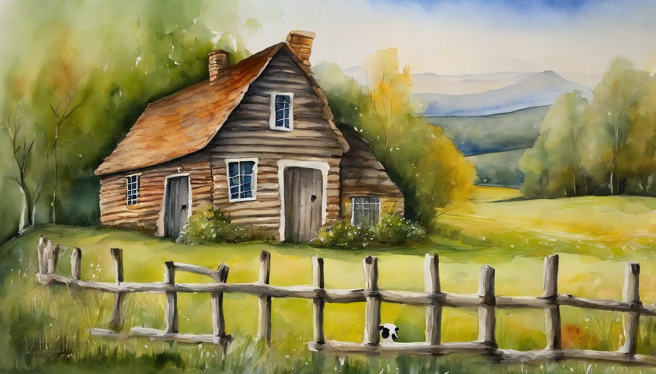 There is a wooden house in the countryside,Surreal,A huge cruise ship appears in the sky,There is a large piece of grass in front of the wooden house,There are many sheep eating green grass,Sheep are fenced,Shepherd watching outside the fence。