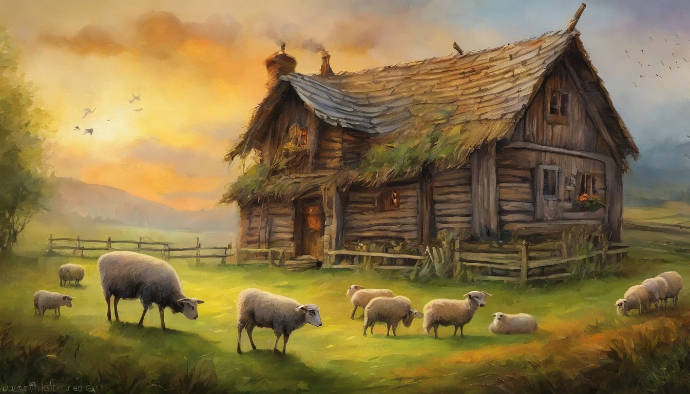 There is a wooden house in the countryside，Surreal，A huge cruise ship appears in the sky，There is a large piece of grass in front of the wooden house，There are many sheep eating green grass，Sheep are fenced，Shepherd watching outside the fence。