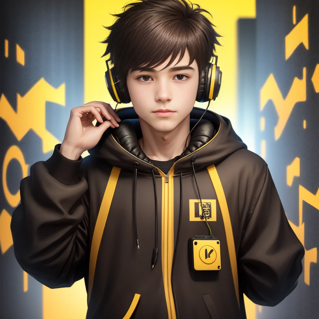 Hacker boy yellow background headphones