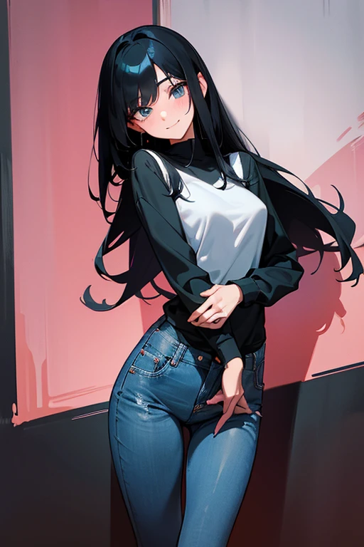 Young adult female; jet black hair with blue fringes; very pretty; toned, slender physique; loves the viewer a lot but is shy to confess her feelings; wearing jeans and a fitted blouse; shy look; adorable smile; nuzzling with the viewer; surreal