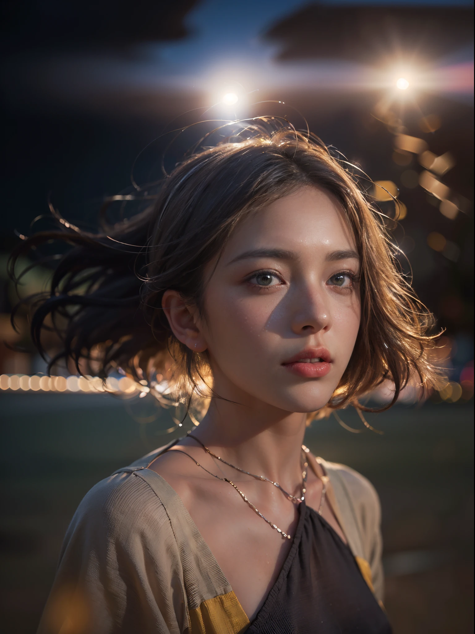 bloom, (lens flare), (8k, RAW, professional, best quality, masterpiece:1.2), (realistic,photorealistic:1.37), ultra-detailed, (25mm portrait wide angle), (anamorphic lens), ((long exposure)), (highest detailed skin:1.2), (highest detailed face:1.2), cinematic lighting, 1girl, (windy), standing on the beach, night time, warm white light, look at the camera