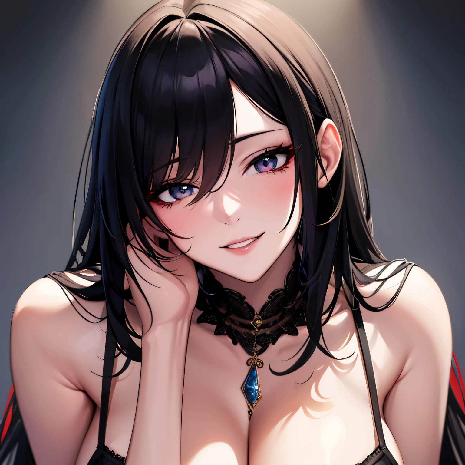 ultra detailed,8k, [ 4k digital art ]!!,degital anime art style,seductive mature woman posieg for photo,face focus,(tareme),black hair,smile