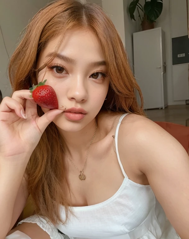 Araffe mulher com uma blusa branca, segurando um morango, jennie blackpink