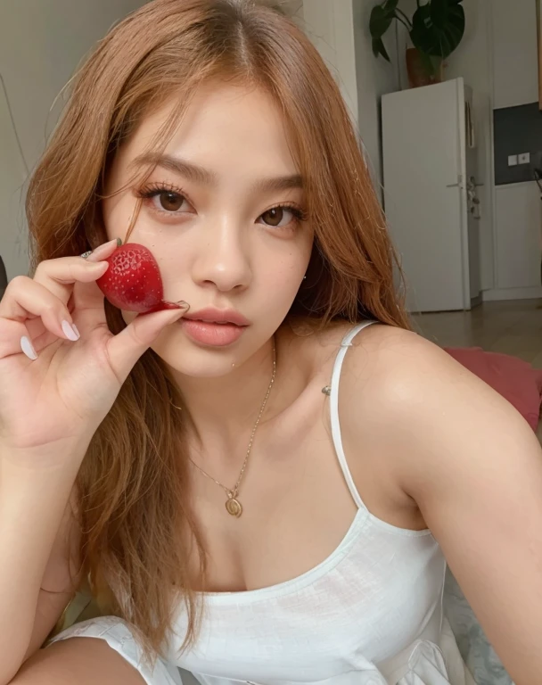 Araffe mulher com uma blusa branca, segurando um morango, jennie blackpink