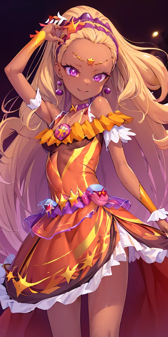 (masterpiece, best quality:1.2), 1girl, solo, looking at viewer, (curesol), waruochi, star hair ornament, hairband, earrings, purple choker, orange dress, black dress, wrist cuffs, pouch, star (symbol), bare shoulders, looking at viewer, smile, closed mouth