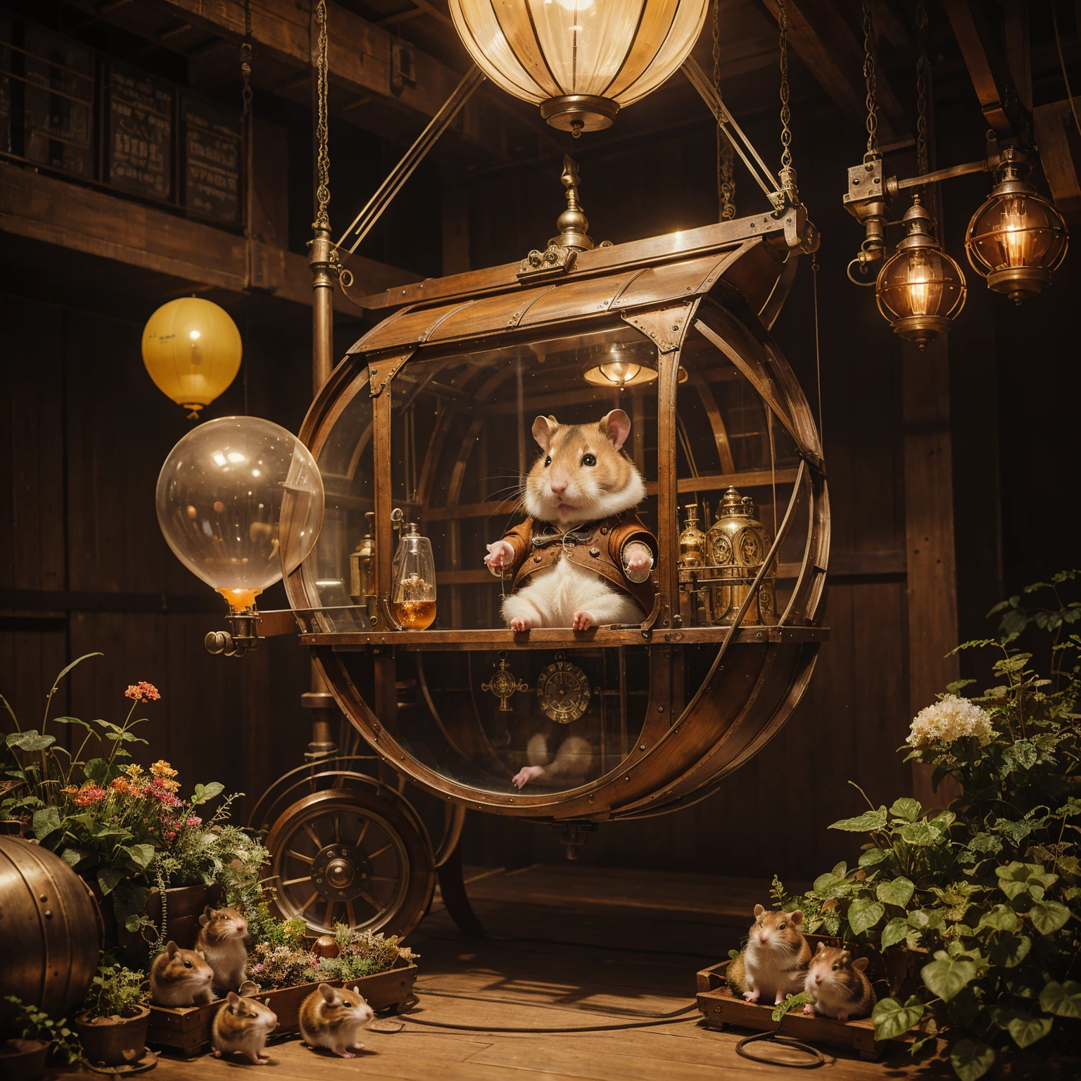 hamster traveler, hamster-aeronaft, hamster in a balloon, steampunc, balloon passenger, steampunk painting, hamster in steampunk clothes, steampunk balloon