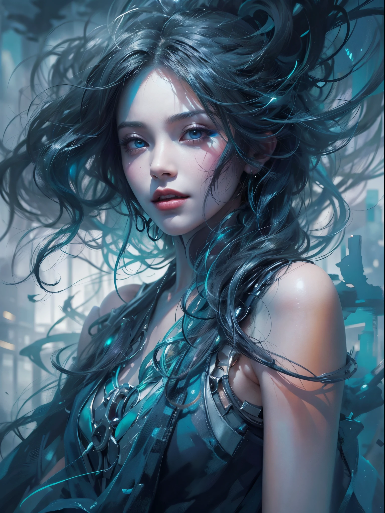 Young beautiful woman, long hair, elegant, too beautiful, In a mesmerizing watercolor painting, a cyberpunk vampire reigns, portrayed as a figure of ethereal beauty and dark mystique. The artwork captures the graceful yet mysterious essence of this immortal being, with their hairstyle twisted color black and snow- white, flowing in the wind and eyes shining with an otherworldly glow. Delicate strokes of vibrant blues and purples bring life to their metallic cybernetic enhancements, seamlessly blending the futuristic with the fantastical. This extraordinary image was skillfully created with meticulous attention to detail, evoking a sense of wonder and intrigue in the viewer. highly realistic, ruddy skin, beautiful, full lips, smiling, feeling of lightness and joy, hyperrealism, skin very elaborated, direct gaze