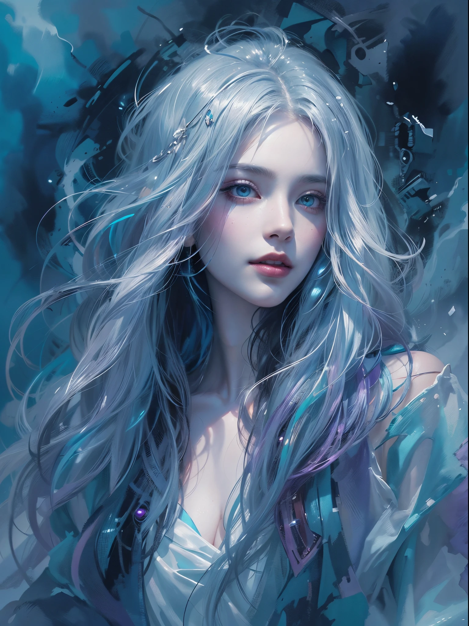 Young beautiful woman, long hair, elegant, too beautiful, In a mesmerizing watercolor painting, a cyberpunk vampire reigns, portrayed as a figure of ethereal beauty and dark mystique. The artwork captures the graceful yet mysterious essence of this immortal being, with their hairstyle twisted color black and snow- white, flowing in the wind and eyes shining with an otherworldly glow. Delicate strokes of vibrant blues and purples bring life to their metallic cybernetic enhancements, seamlessly blending the futuristic with the fantastical. This extraordinary image was skillfully created with meticulous attention to detail, evoking a sense of wonder and intrigue in the viewer. highly realistic, ruddy skin, beautiful, full lips, smiling, feeling of lightness and joy, hyperrealism, skin very elaborated, direct gaze