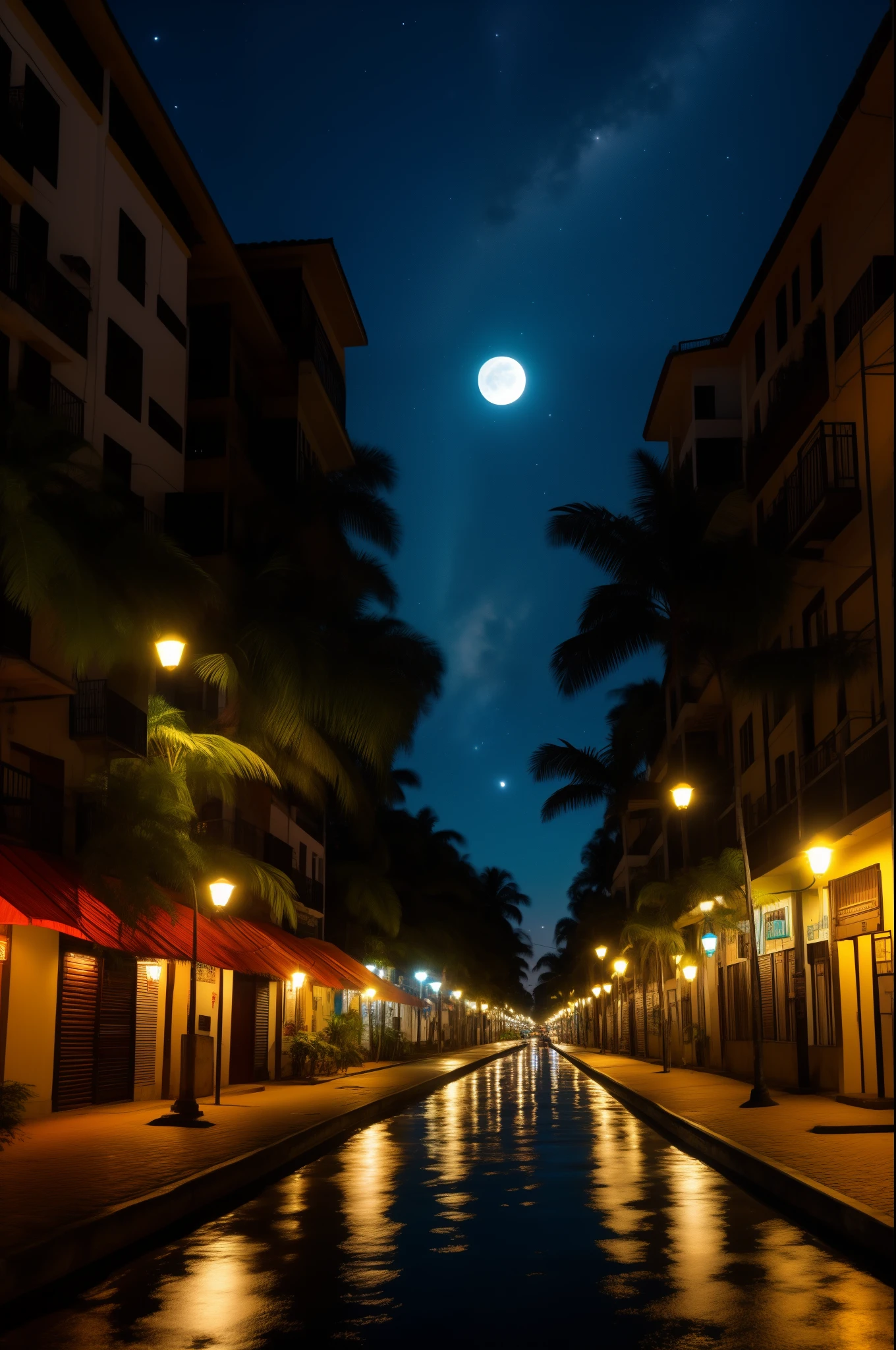rua brasileira com referencia Manaus. noite, Starry sky with full moon, LED Street Lights, Light from the balconies of the buildings.
