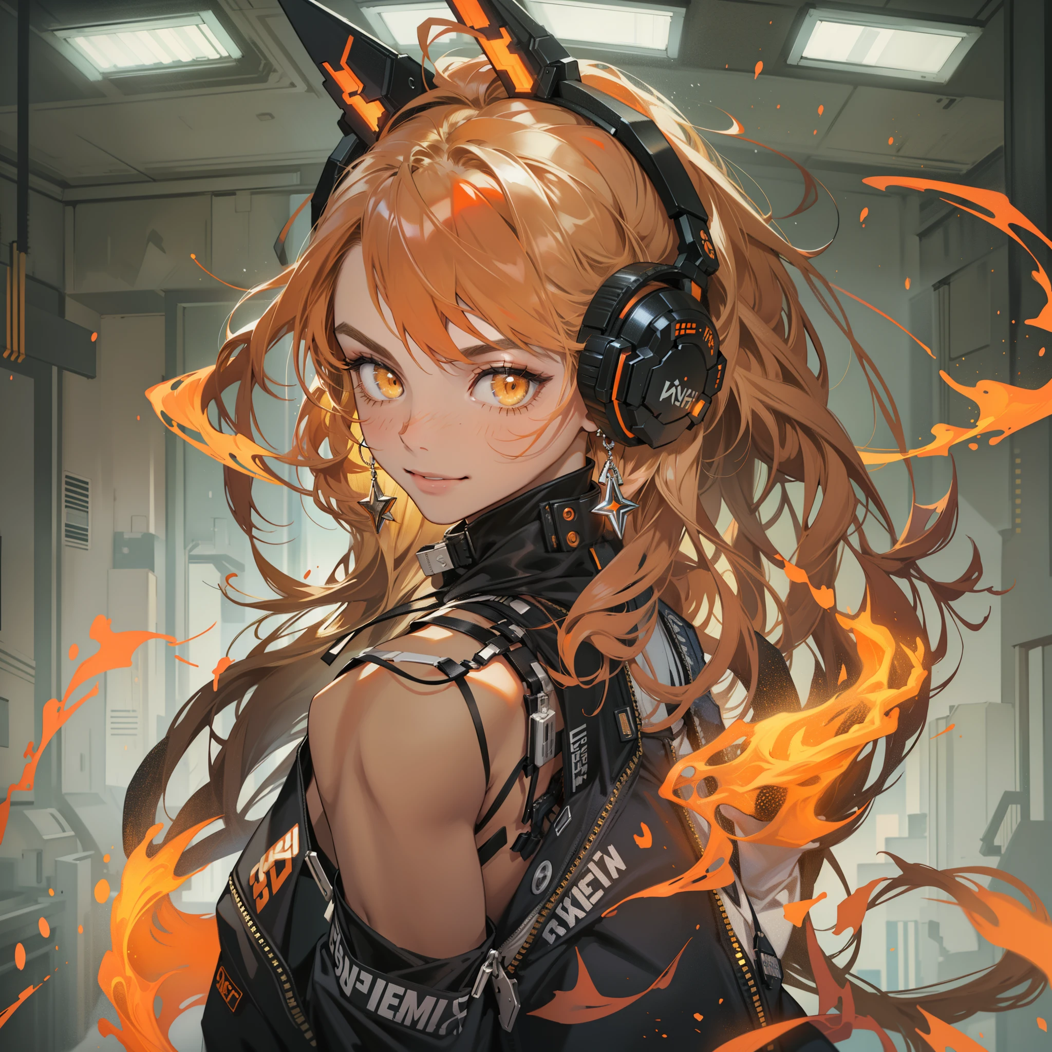 large flames,Burning background,Fire effects on hands,Fiery,balls of fire,Best quality,tmasterpiece,Super high resolution fills the screen,Indoors at night,flame magic,Burning background,Intense burning,burning athlete,Yellow and orange color scheme,natta,inside a room,Orange neon color scheme,silvery white hair,Black fashion clothing,Orange and black clothes,boxer,beuaty girl,cyberpunk backgrouns,Lateral face,Smiling,Various laid-back poses,Perfect makeup,love eyes,8K quality,cyber punk personage,sense of science and technology,Character backlighting,rim-light,Movement changes,Flowing hairstyle,loose hairstyle,Finger count refinement,The most beautiful girl of mankind,Wearing earphones,Luminous accessories,luminous earrings,Wear delicate accessories,Delicate close-up of the face,Lifelike image quality,Super light and shadow,Have a good figure,meticuloso,Have a good figure,Raised sexy,glowing,Cool,Ray gorgeous,,laughing very happily,