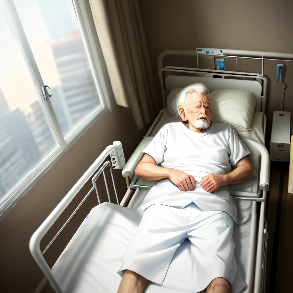 An old man sleeping in a hospital bed white hair