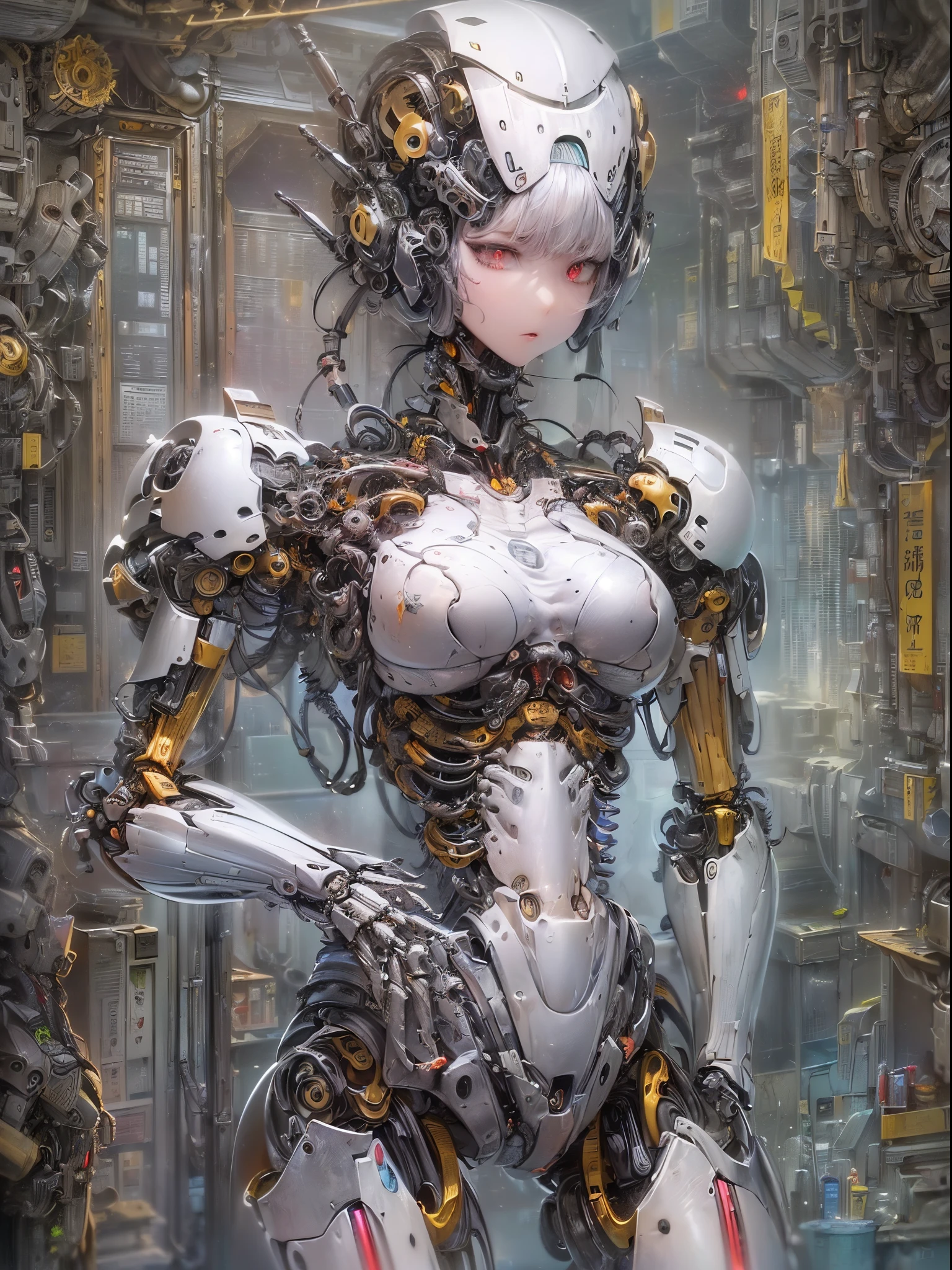 ((Finest quality)),(超A high resolution),(ultra-detailliert),(Meticulous portrayal),((Best Anime)),(Finest works of art),(Ultra-Precision Art),(The art of astounding depiction,Overwhelming depiction:1.5),(Complex and detailed science fiction art), (Female robot:1.6),(The whole body is a mechanical part:1.7),(Parts to be issued:1.5),arm:1.5,