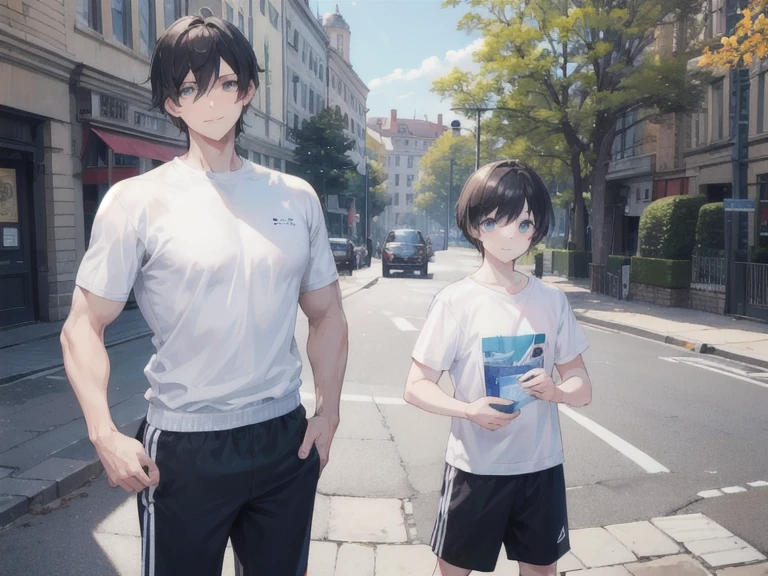 Masterpiece, 1boy, with short black hair, Handsome man, Sportswear, athletic sneakers, shorter pants, Blue eyes, Best eyes, muscular, sunny day, in the street, smile