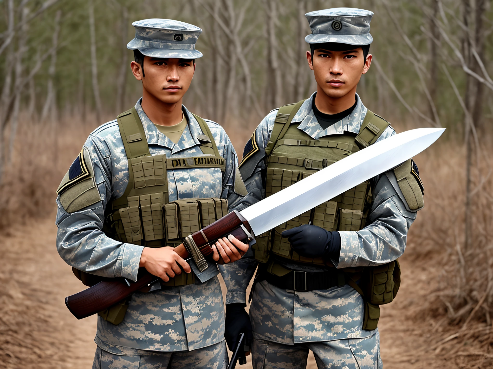A soldier in a war holding a long knife weapon