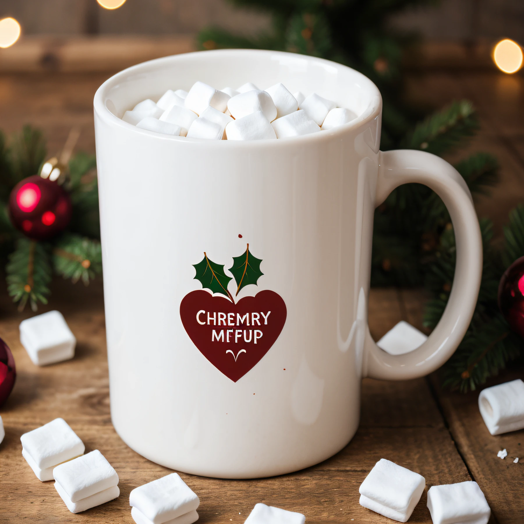 white mug mockup full of marshmallows with christmas background