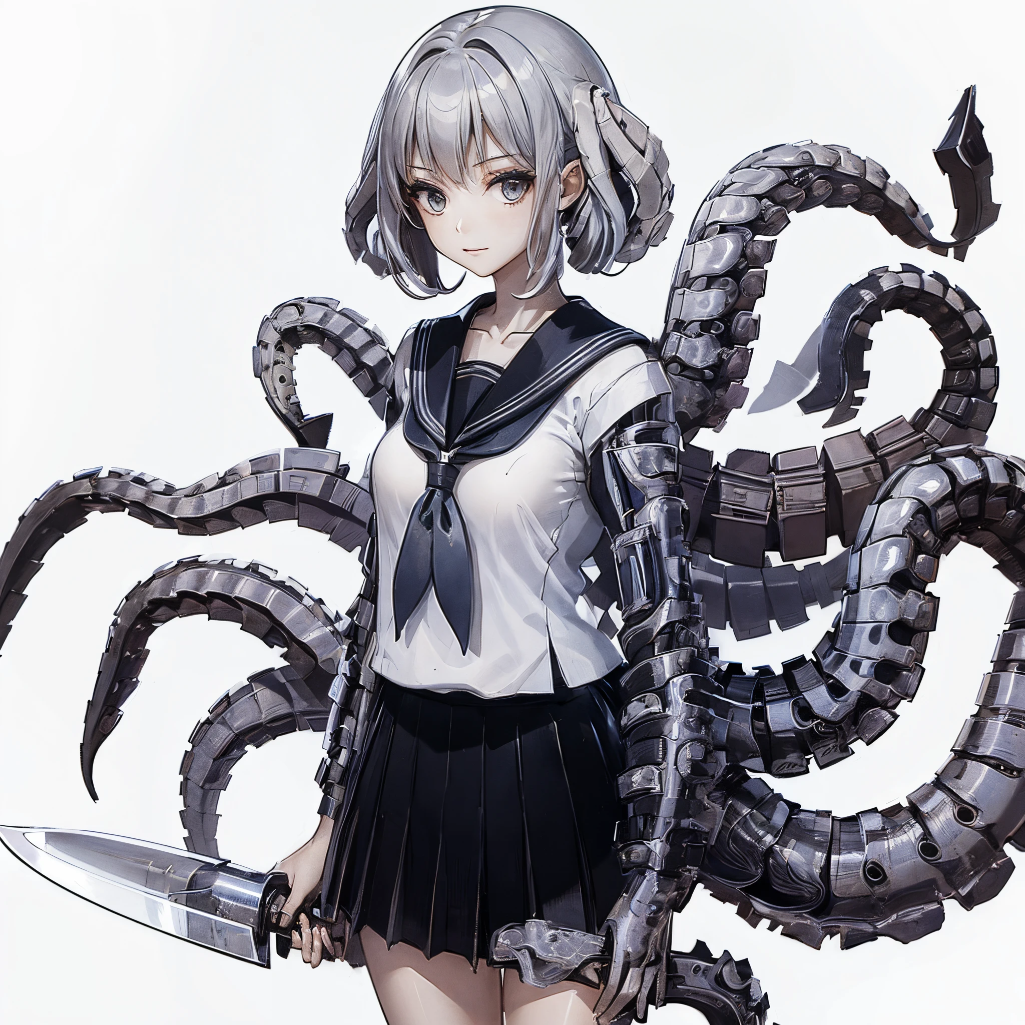 A girl with tentacles. She is a mechanical tentacle. A knife at the tip of the tentacle. A spine-like design. Japanese school uniform.