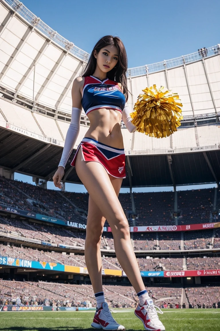 A tall, long-legged, huge-breasted cheerleader cosplay beauty standing in the stadium, seen from below