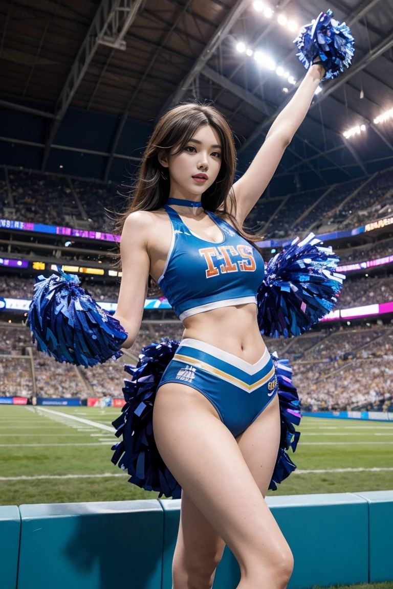 A tall, long-legged, huge-breasted cheerleader cosplay beauty standing in the stadium, seen from below