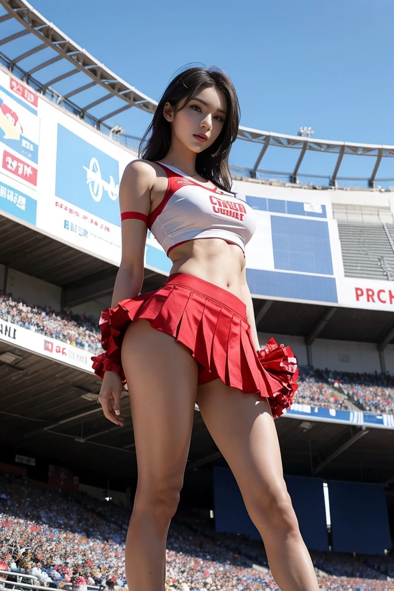A tall, long-legged, huge-breasted cheerleader cosplay beauty standing in the stadium, seen from below