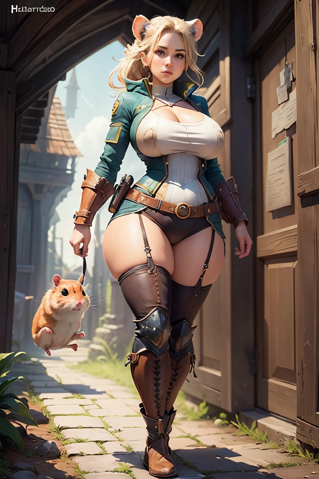 female Hamster Adventurer , full body shot, gigantic breasts,
