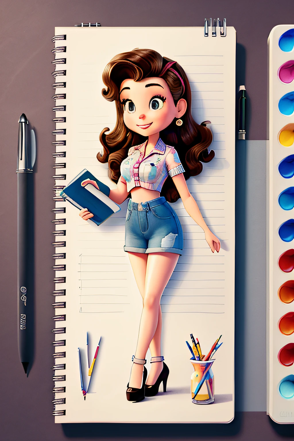 un pin up dibujando en una hoja de un cuaderno, surrounded by pens and paints