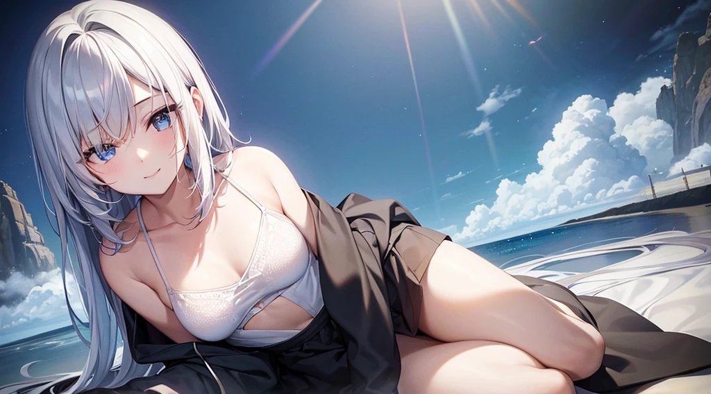 mid-shot, Look at viewers, hands behind back, girl with, 20 years old, Very short hair, long bangs between eyes, hair over shoulder, Grey Hair, Floating hair, ^ ^, pale blue eyes,, Hoodie, The shirt,Skirt, Bare shoulder, White clothes, Blue sky, Nature, Sunlight, Extremely detailed,(​masterpiece、top-quality)、独奏、1womanl、White hair、the tips of the hair are blue、Black eyes、A smile、White skin as clear as snow、Fantastical,Small breasts, Silver hair, , Beautiful eyes,  Girl, Ecstasy, charmed, be smitten with audience, Hoodie, Hoodie with open front, , Shoulder out,Black skirt, on the beds,inside in room,laying on back , Sunlight