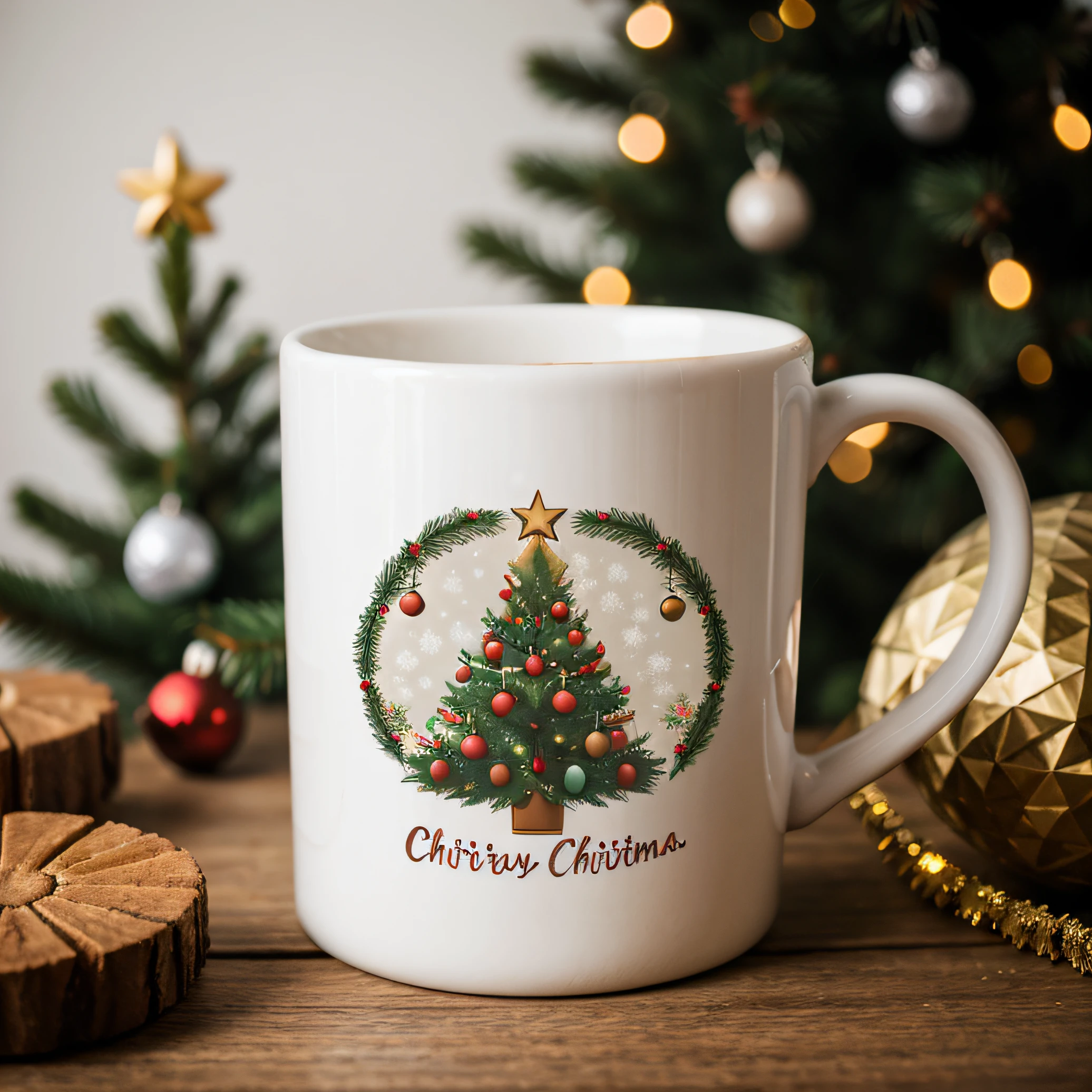 white mug mockup full of marshmallows with christmas background and christmas surrounding, christmas tree in the background, cozy dark light, evening climate