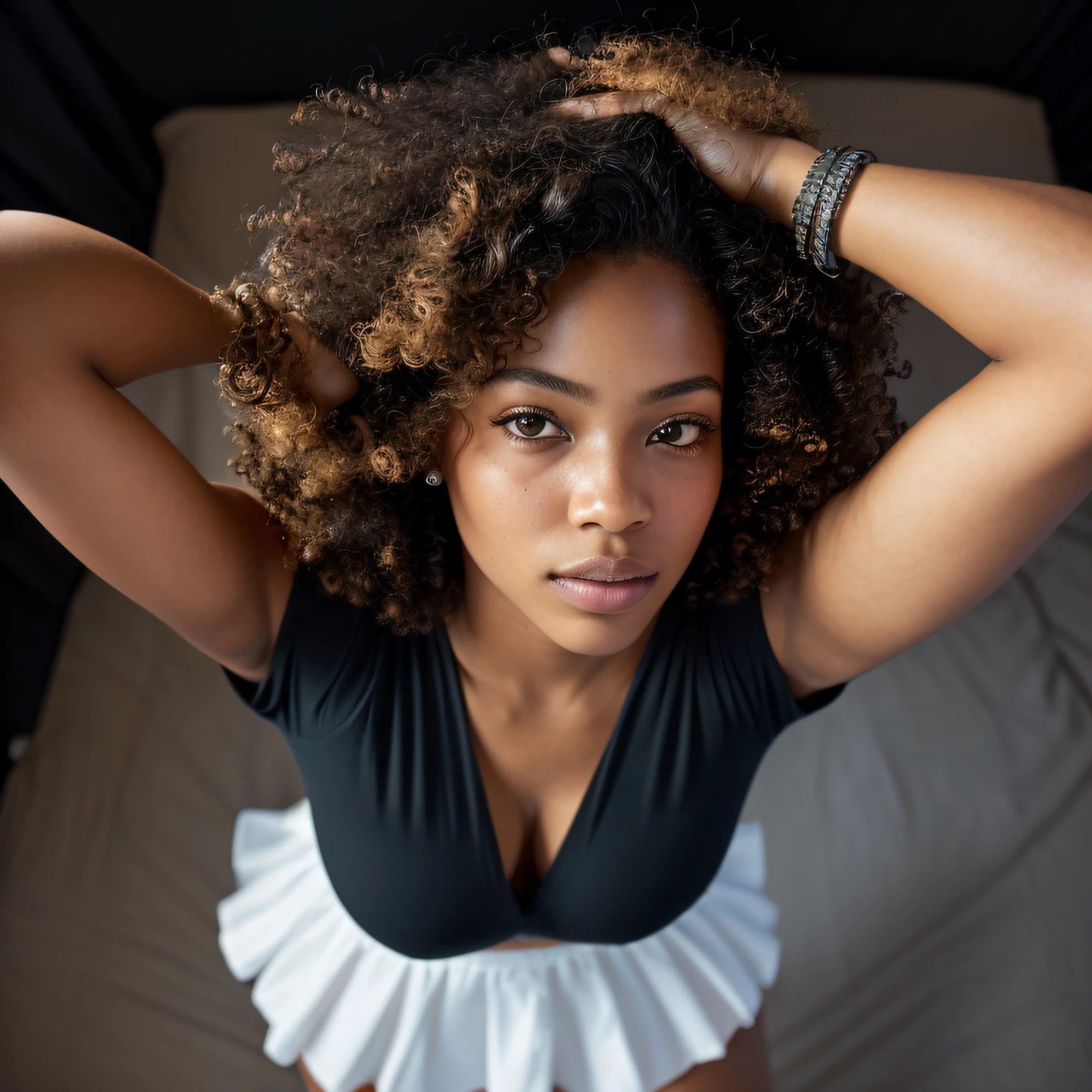 (selfie, top view: 1.4), (straight full body: 1.4), RAW UHD portrait photo of a 24-year-old mixed-race American black woman (amber-eyed woman) standing in her bedroom (skirt), (neckline), details ( textures! , hair! , glow, color!! , disadvantages: 1.1), high-detail bright eyes (when looking at the camera), SLR lighting, SLR camera, ultra quality, sharpness, depth of field, film grain (center), Fujifilm XT3, crystal clear, frame center, beautiful face, sharp focus, bokeh (dim light), night, (night sky), detailed skin pores, oily skin, sunburn, complex eye details, full body, big breasts, curly afro hair, sweet face, model, sexy