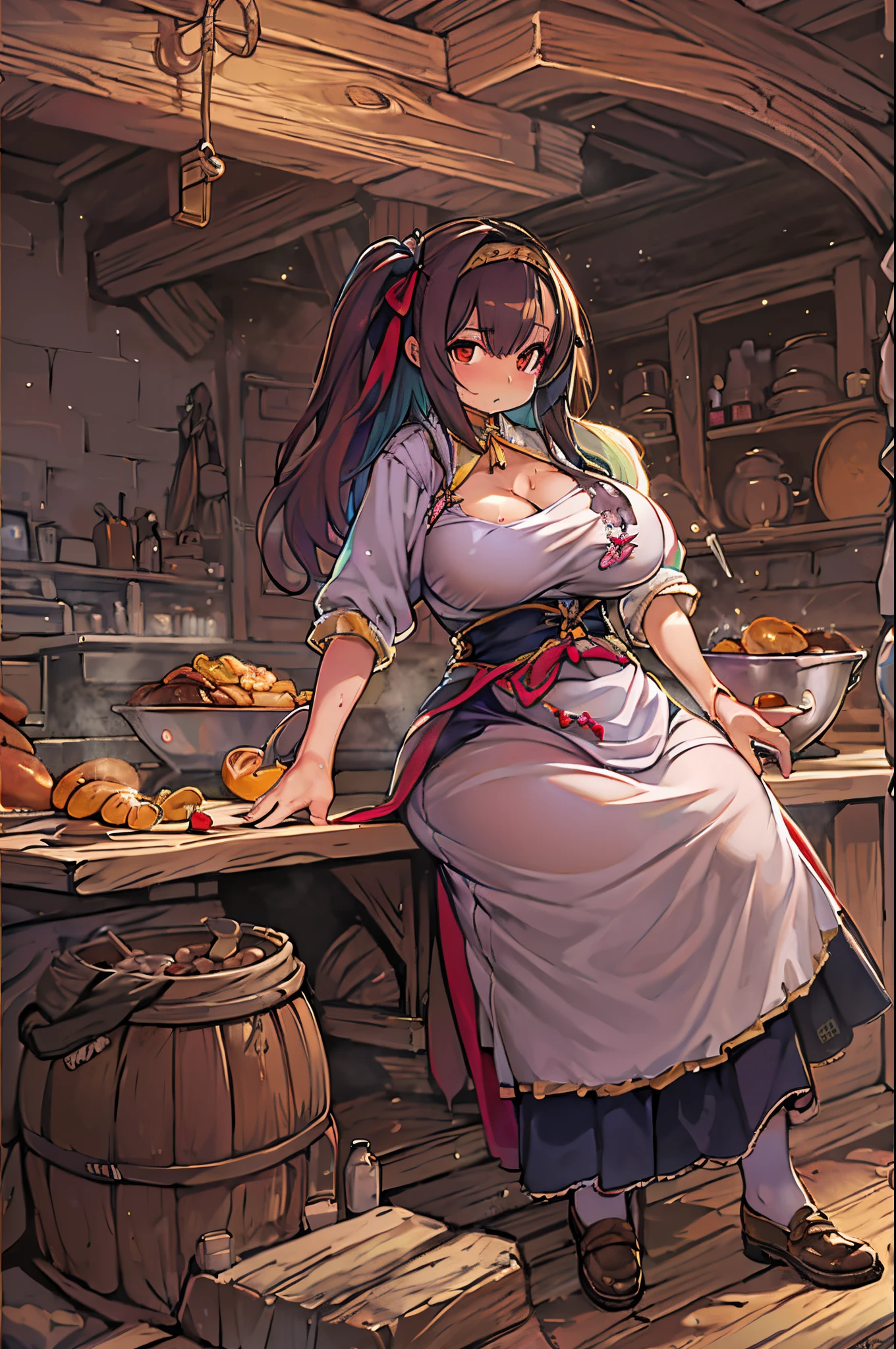 WRC style, Woman, lewd pose, The appearance of a seductive appearance, Apron, kitchin, medieval setting