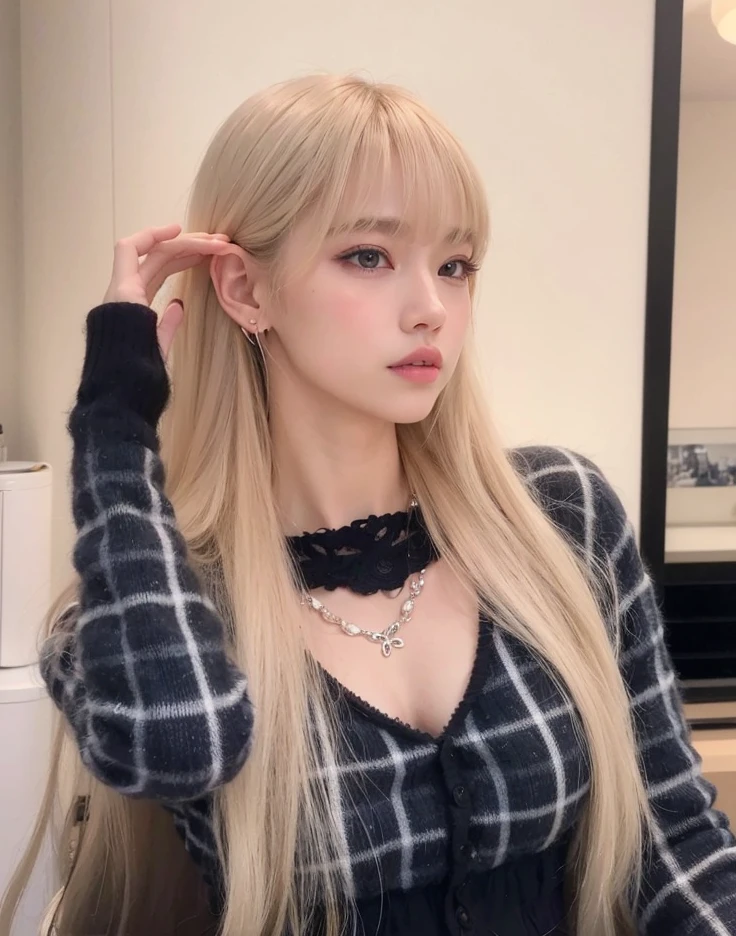 a close up of a woman with long blonde hair wearing a plaid shirt, lalisa manobal, lalisa manoban of blackpink, roseanne park of blackpink, portrait of jossi of blackpink, long white hair and bangs, ulzzang, jossi of blackpink, long hair with full bangs, long hair with bangs, with bangs, with full bangs