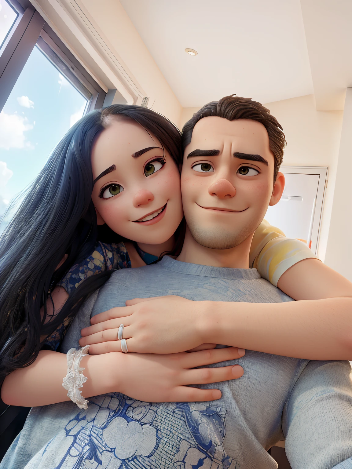 there is a man and woman hugging each other in front of a window, ayanamikodon and irakli nadar, 8k selfie photograph, lovely couple, happy couple, couple pose, sakimichan and frank franzzeta, natasha tan maciej kuciara, taken with sony alpha 9, shot on nikon z9